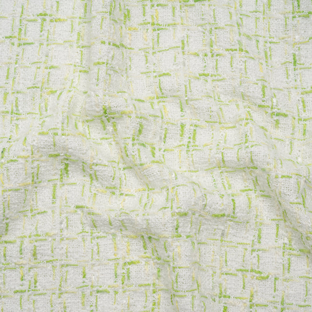 Tweedy Polyester Boucle - White and Lime Green Plaid - Deadstock