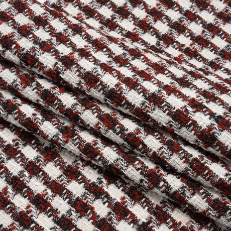 Boucle Tweed with Metallic Eyelash Fringe - White, Black and Red Plaid - Deadstock