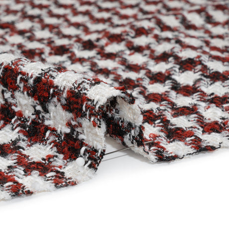 Boucle Tweed with Metallic Eyelash Fringe - White, Black and Red Plaid - Deadstock