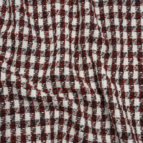 Boucle Tweed with Metallic Eyelash Fringe - White, Black and Red Plaid - Deadstock