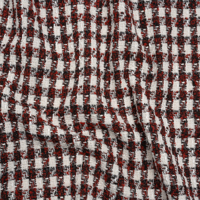 Boucle Tweed with Metallic Eyelash Fringe - White, Black and Red Plaid - Deadstock