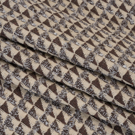 Heavy Polyester Woven with Short Fringe - Ivory and Brown Triangles - Deadstock