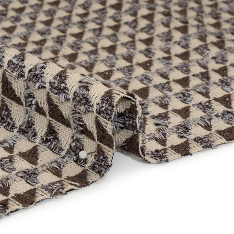 Heavy Polyester Woven with Short Fringe - Ivory and Brown Triangles - Deadstock