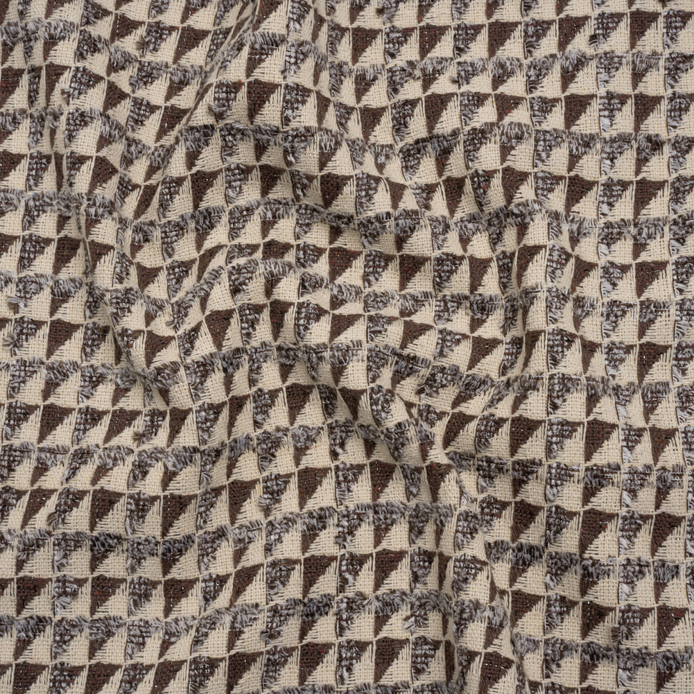 Heavy Polyester Woven with Short Fringe - Ivory and Brown Triangles - Deadstock