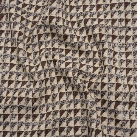 Heavy Polyester Woven with Short Fringe - Ivory and Brown Triangles - Deadstock