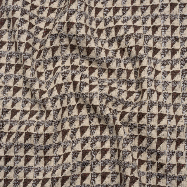 Heavy Polyester Woven with Short Fringe - Ivory and Brown Triangles - Deadstock