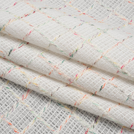 Polyester Tweedy Woven - White and Rainbow Ribbed Windowpane Check - Deadstock