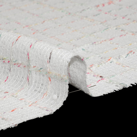 Polyester Tweedy Woven - White and Rainbow Ribbed Windowpane Check - Deadstock