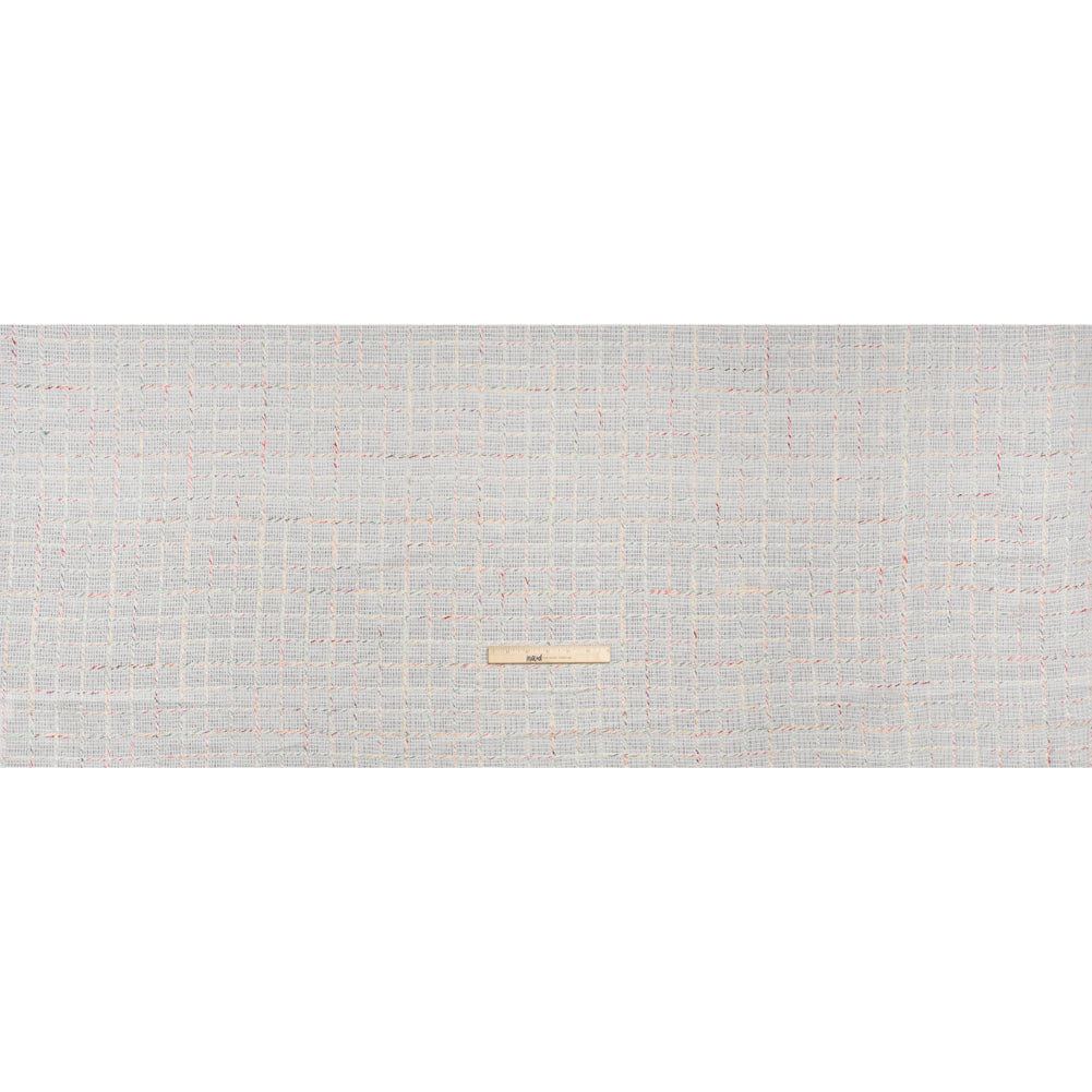 Polyester Tweedy Woven - White and Rainbow Ribbed Windowpane Check - Deadstock
