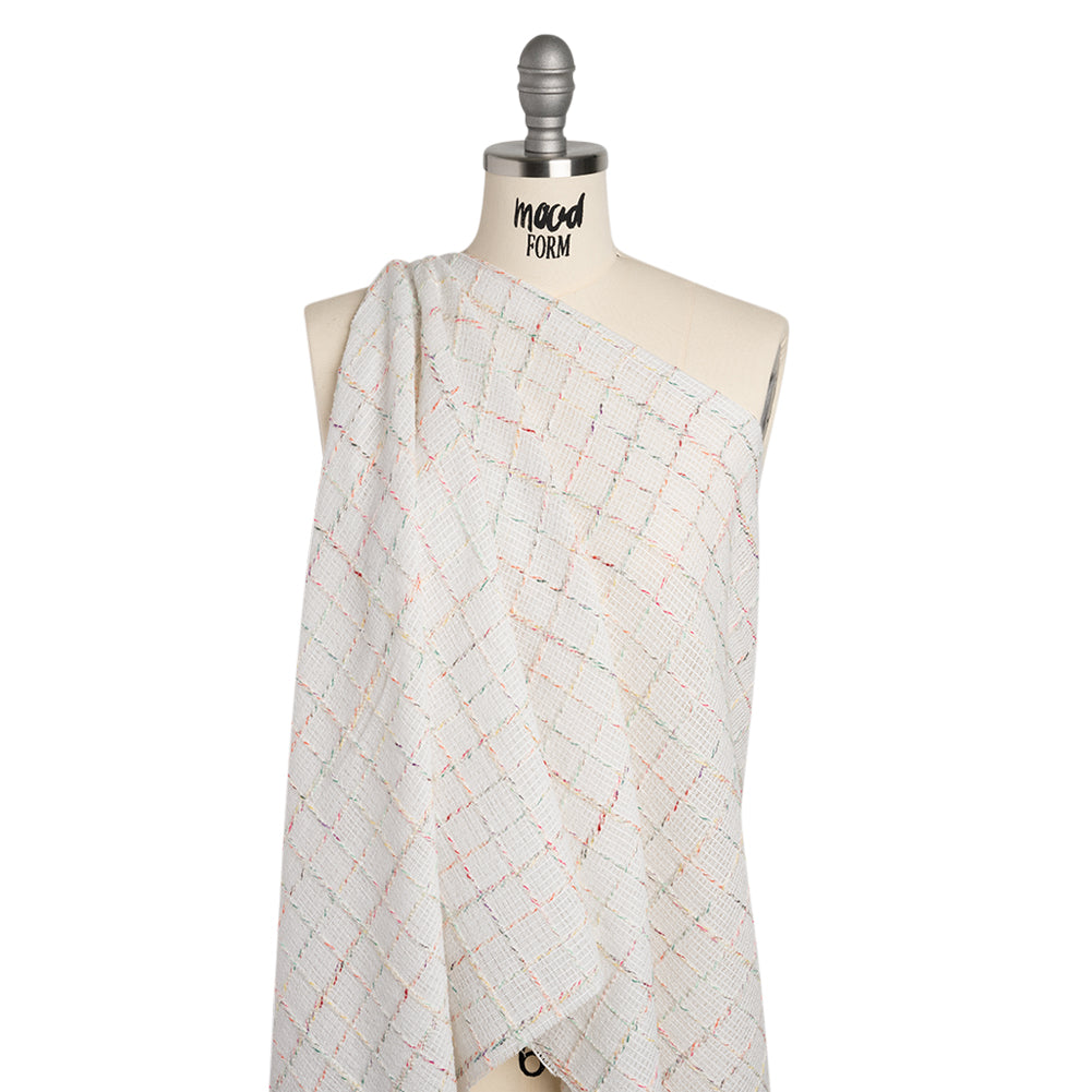Polyester Tweedy Woven - White and Rainbow Ribbed Windowpane Check - Deadstock