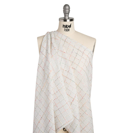 Polyester Tweedy Woven - White and Rainbow Ribbed Windowpane Check - Deadstock