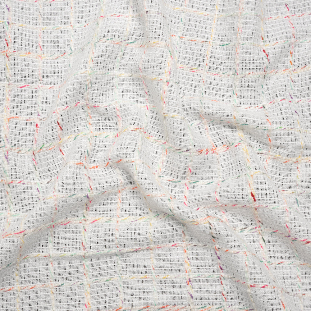 Polyester Tweedy Woven - White and Rainbow Ribbed Windowpane Check - Deadstock