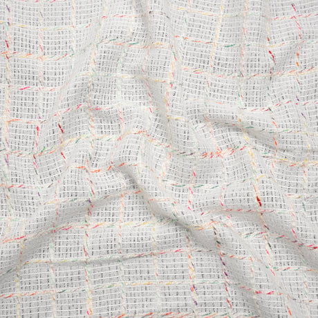 Polyester Tweedy Woven - White and Rainbow Ribbed Windowpane Check - Deadstock