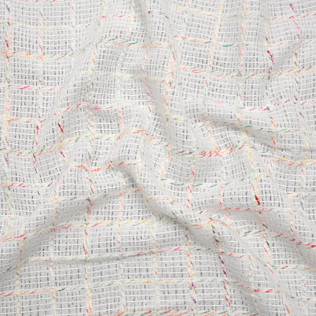 Polyester Tweedy Woven - White and Rainbow Ribbed Windowpane Check - Deadstock