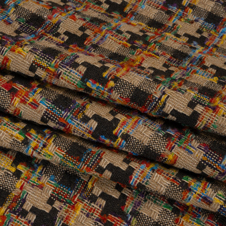 Wool Blend Tweedy Boucle Woven - Brown, Beige and Rainbow Blocky Houndstooth
