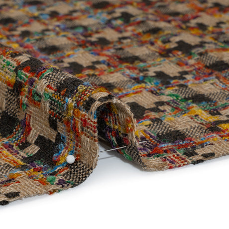 Wool Blend Tweedy Boucle Woven - Brown, Beige and Rainbow Blocky Houndstooth