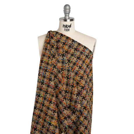 Wool Blend Tweedy Boucle Woven - Brown, Beige and Rainbow Blocky Houndstooth