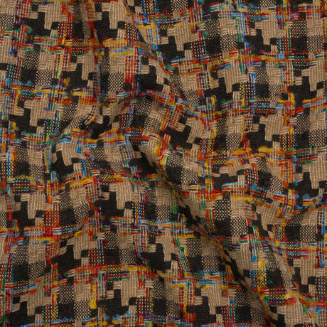 Wool Blend Tweedy Boucle Woven - Brown, Beige and Rainbow Blocky Houndstooth