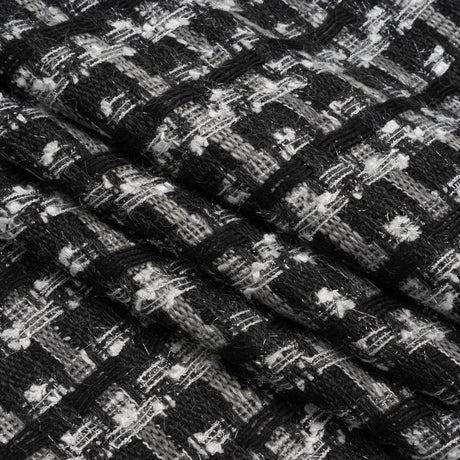 Wool Blend Tweed with Metallic Eyelash Fringe - Black and White Plaid - Deadstock