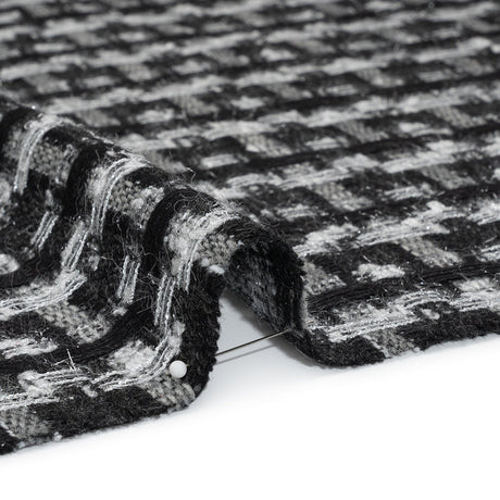Wool Blend Tweed with Metallic Eyelash Fringe - Black and White Plaid - Deadstock
