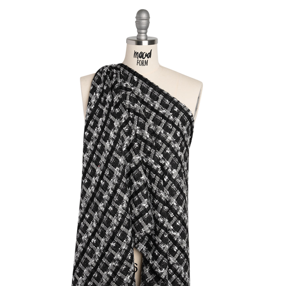 Wool Blend Tweed with Metallic Eyelash Fringe - Black and White Plaid - Deadstock
