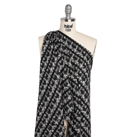 Wool Blend Tweed with Metallic Eyelash Fringe - Black and White Plaid - Deadstock