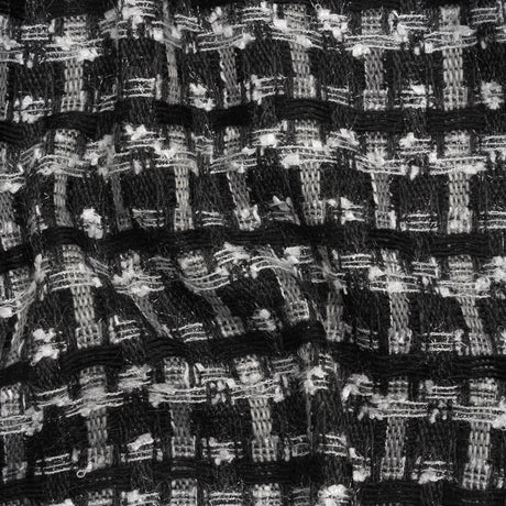 Wool Blend Tweed with Metallic Eyelash Fringe - Black and White Plaid - Deadstock