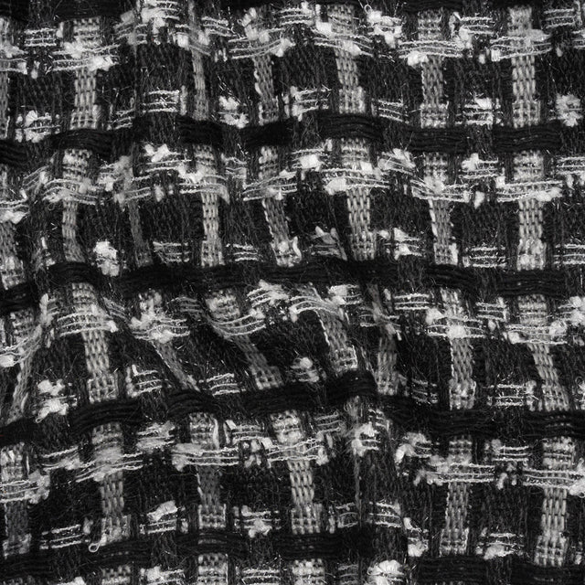 Wool Blend Tweed with Metallic Eyelash Fringe - Black and White Plaid - Deadstock