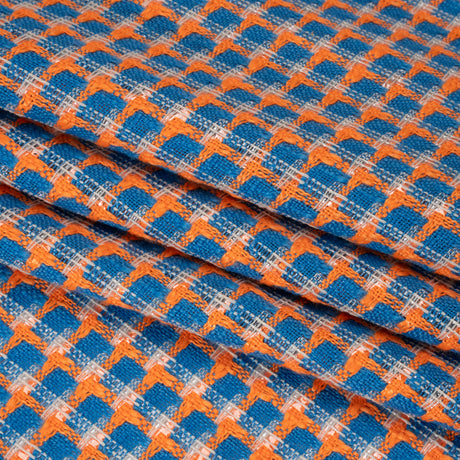 Polyester Woven - Blue, Orange and White Plaid - Deadstock