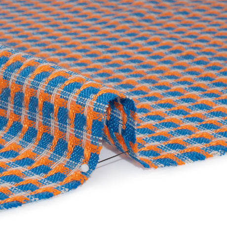 Polyester Woven - Blue, Orange and White Plaid - Deadstock