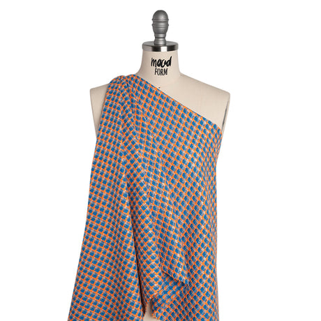 Polyester Woven - Blue, Orange and White Plaid - Deadstock
