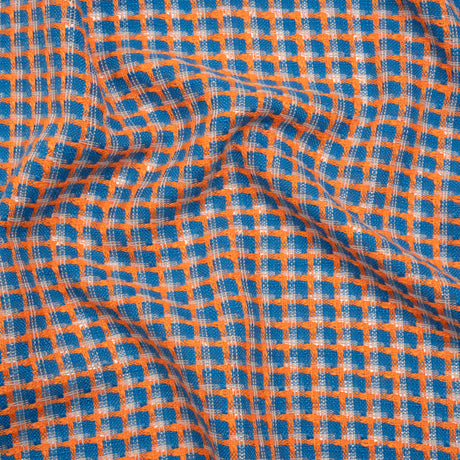 Polyester Woven - Blue, Orange and White Plaid - Deadstock