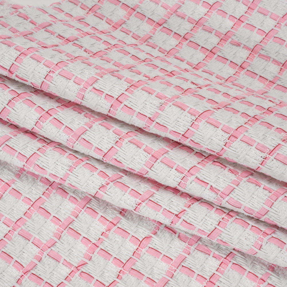 Tweedy Polyester Woven - White and Pink Ribbon Windowpane Checks - Deadstock