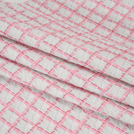 Tweedy Polyester Woven - White and Pink Ribbon Windowpane Checks - Deadstock
