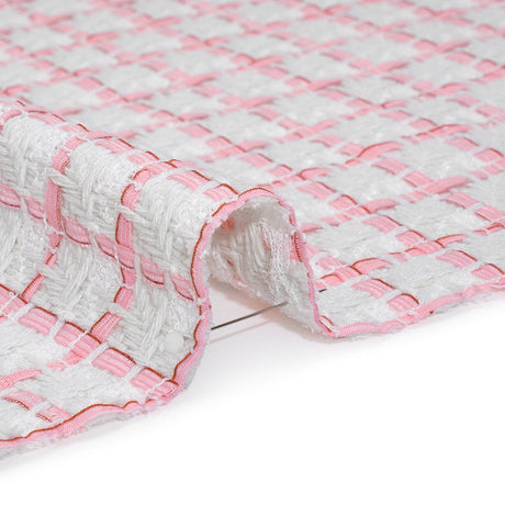 Tweedy Polyester Woven - White and Pink Ribbon Windowpane Checks - Deadstock