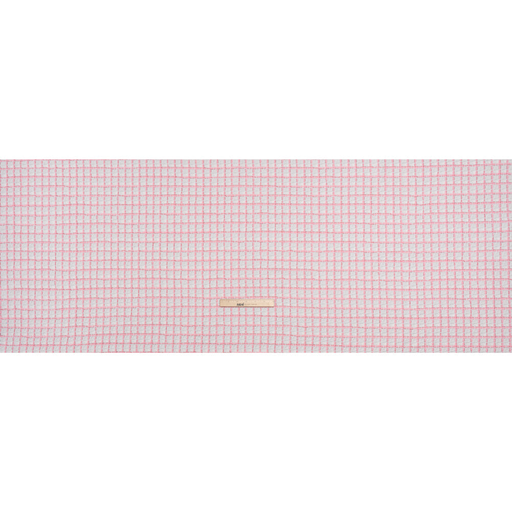 Tweedy Polyester Woven - White and Pink Ribbon Windowpane Checks - Deadstock