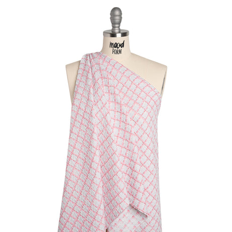 Tweedy Polyester Woven - White and Pink Ribbon Windowpane Checks - Deadstock