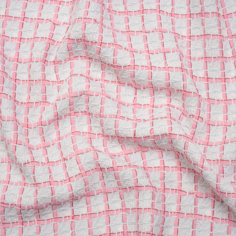 Tweedy Polyester Woven - White and Pink Ribbon Windowpane Checks - Deadstock