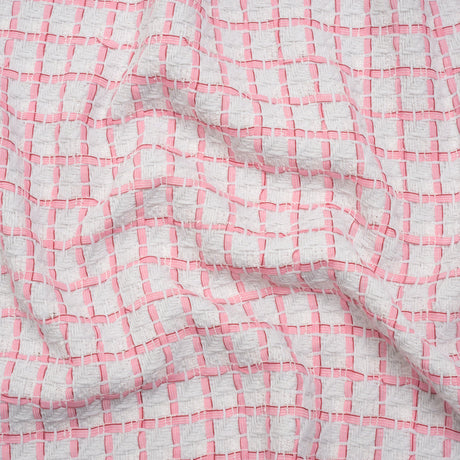 Tweedy Polyester Woven - White and Pink Ribbon Windowpane Checks - Deadstock