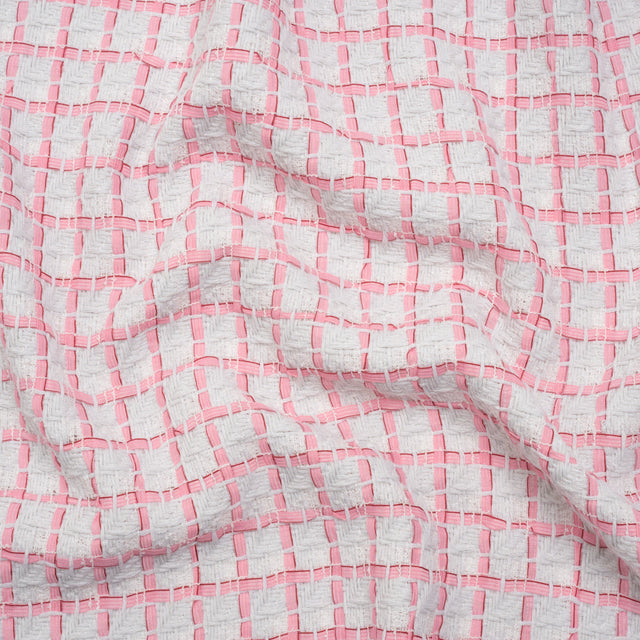 Tweedy Polyester Woven - White and Pink Ribbon Windowpane Checks - Deadstock