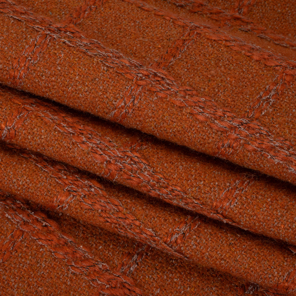 Wool Blend Boucle Tweed - Burnt Orange and Taupe Raised Windowpane Checks - Deadstock