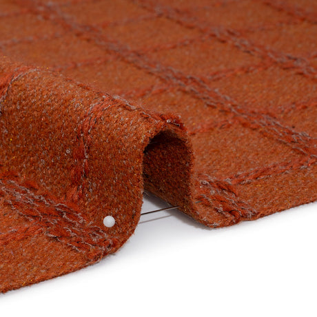 Wool Blend Boucle Tweed - Burnt Orange and Taupe Raised Windowpane Checks - Deadstock