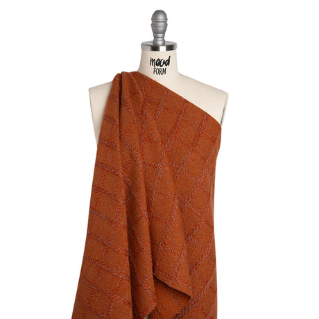 Wool Blend Boucle Tweed - Burnt Orange and Taupe Raised Windowpane Checks - Deadstock