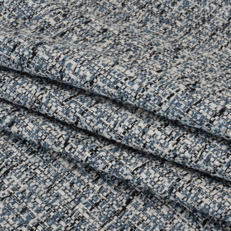 Polyester Tweed with Clear Eyelash Fringe - Blue, White and Black Abstract - Deadstock