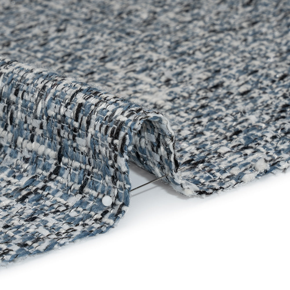 Polyester Tweed with Clear Eyelash Fringe - Blue, White and Black Abstract - Deadstock