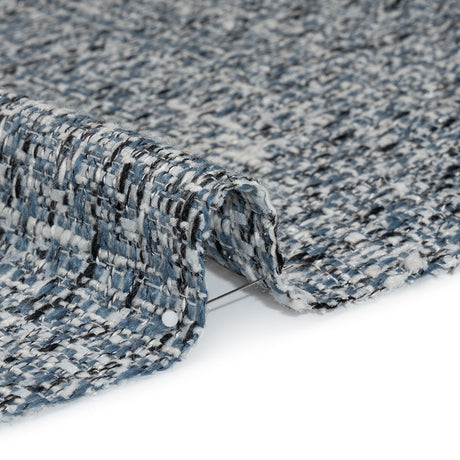 Polyester Tweed with Clear Eyelash Fringe - Blue, White and Black Abstract - Deadstock