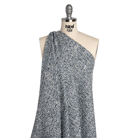Polyester Tweed with Clear Eyelash Fringe - Blue, White and Black Abstract - Deadstock