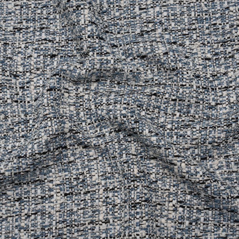Polyester Tweed with Clear Eyelash Fringe - Blue, White and Black Abstract - Deadstock