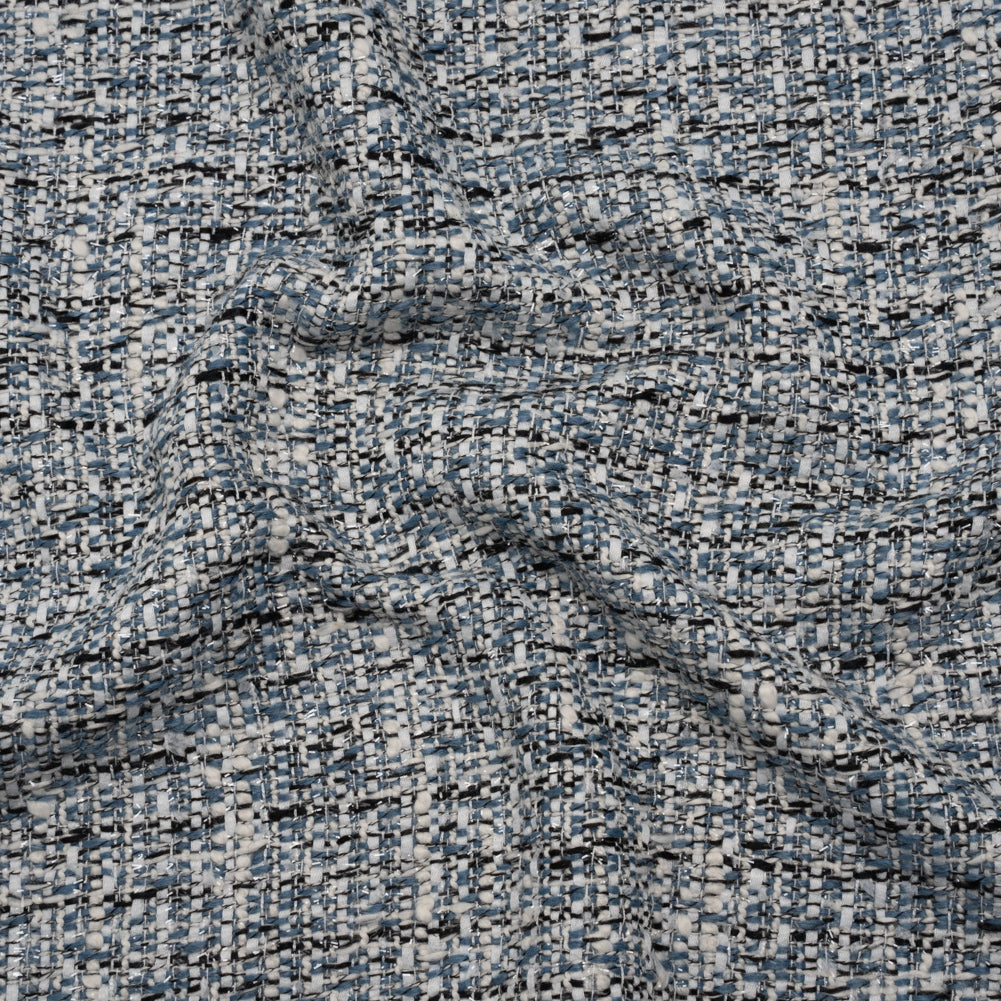 Polyester Tweed with Clear Eyelash Fringe - Blue, White and Black Abstract - Deadstock