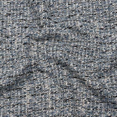 Polyester Tweed with Clear Eyelash Fringe - Blue, White and Black Abstract - Deadstock